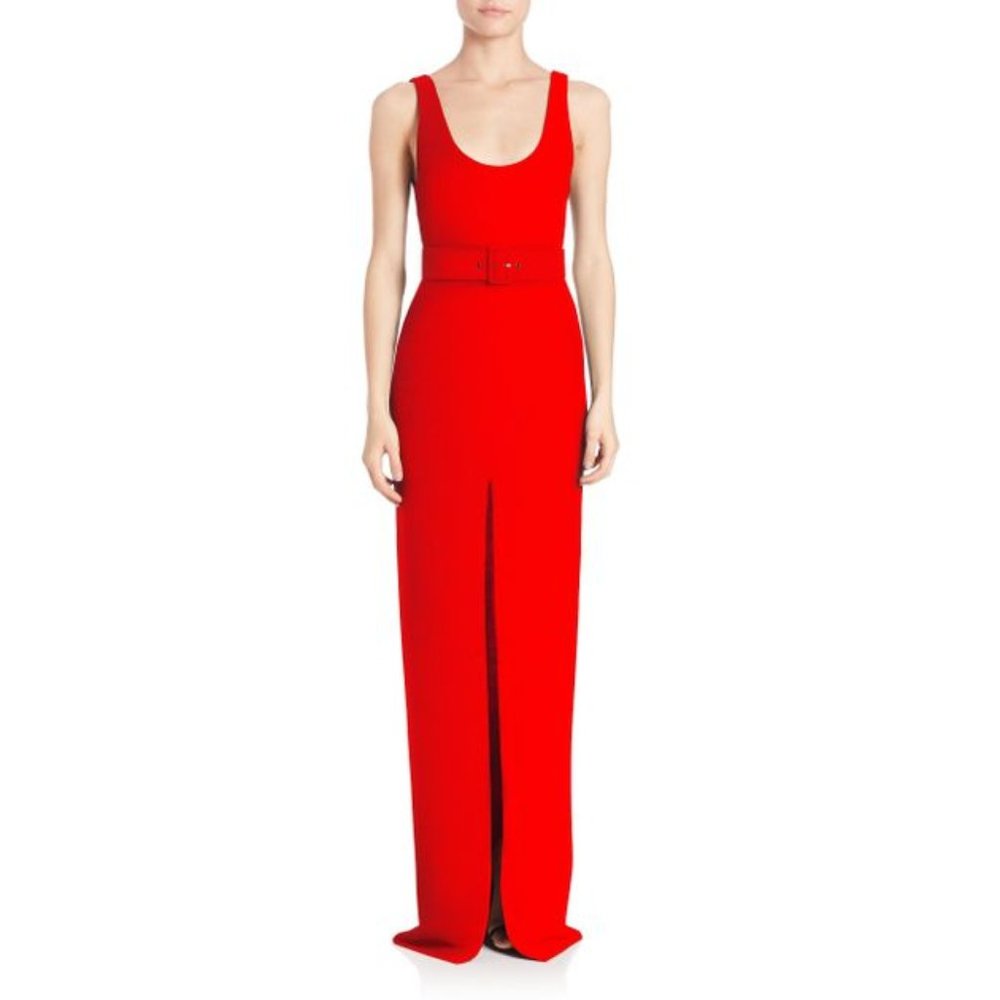 SOLACE LONDON TARA BELTED STRETCH-CREPE GOWN